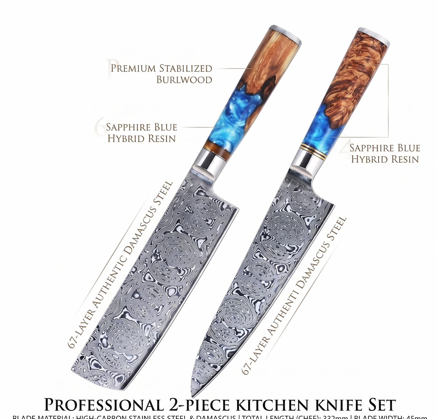 Damascus Chef Knife – Blue Resin & Stabilized Wood Special Edition