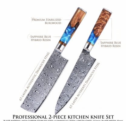 Damascus Chef Knife – Blue Resin & Stabilized Wood Special Edition