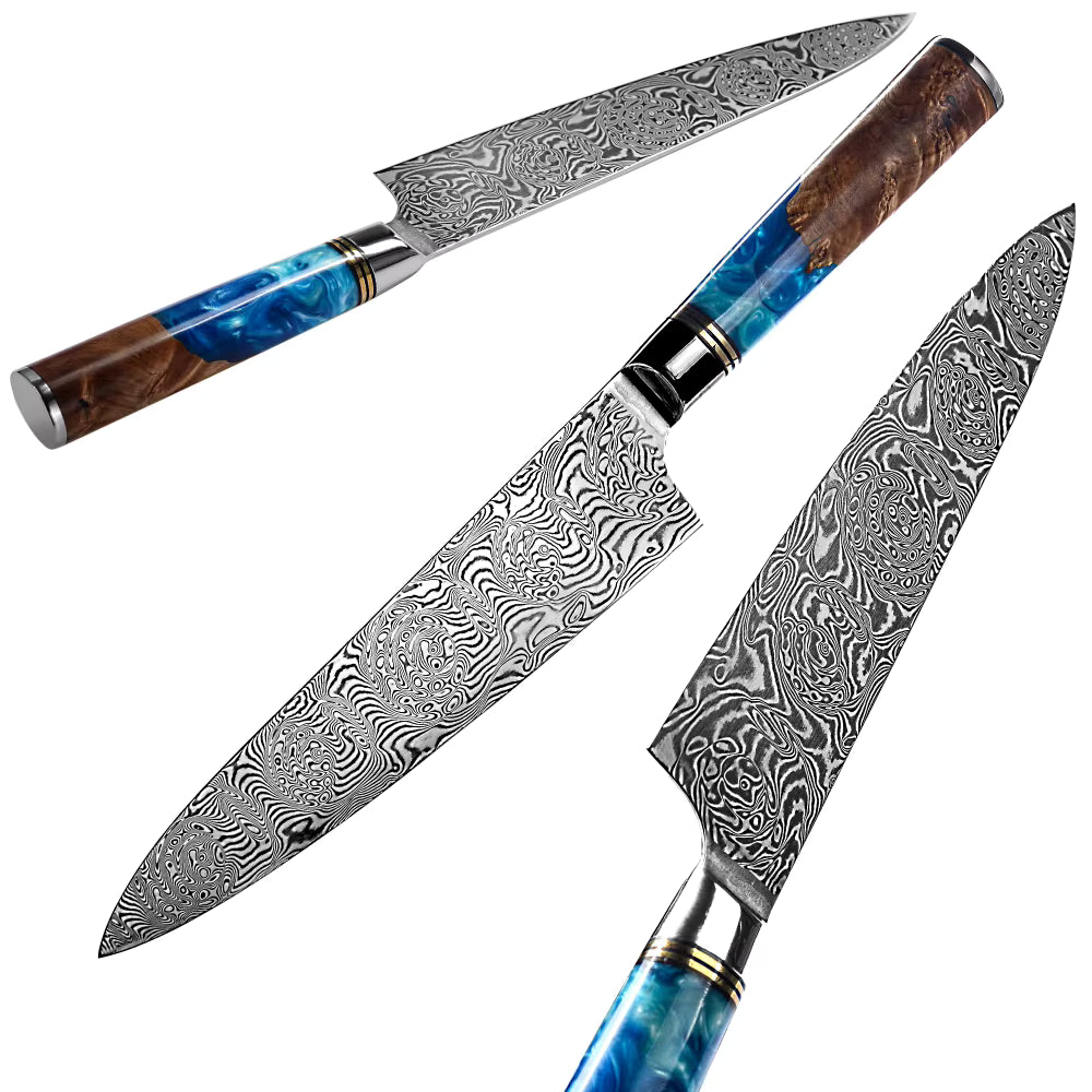 Damascus Chef Knife – Blue Resin & Stabilized Wood Special Edition