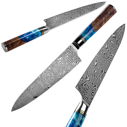 Damascus Chef Knife – Blue Resin & Stabilized Wood Special Edition
